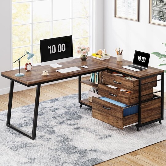 Tribesigns; Tribesigns L-Shaped Computer Desk 3 Drawers Reversible Corner Home Office; Category:Desks; Image:1